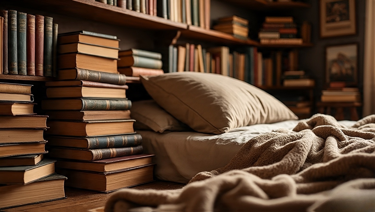 Stacks of worn books on floor and uneven shelves styled as Bohemian bedroom decor
