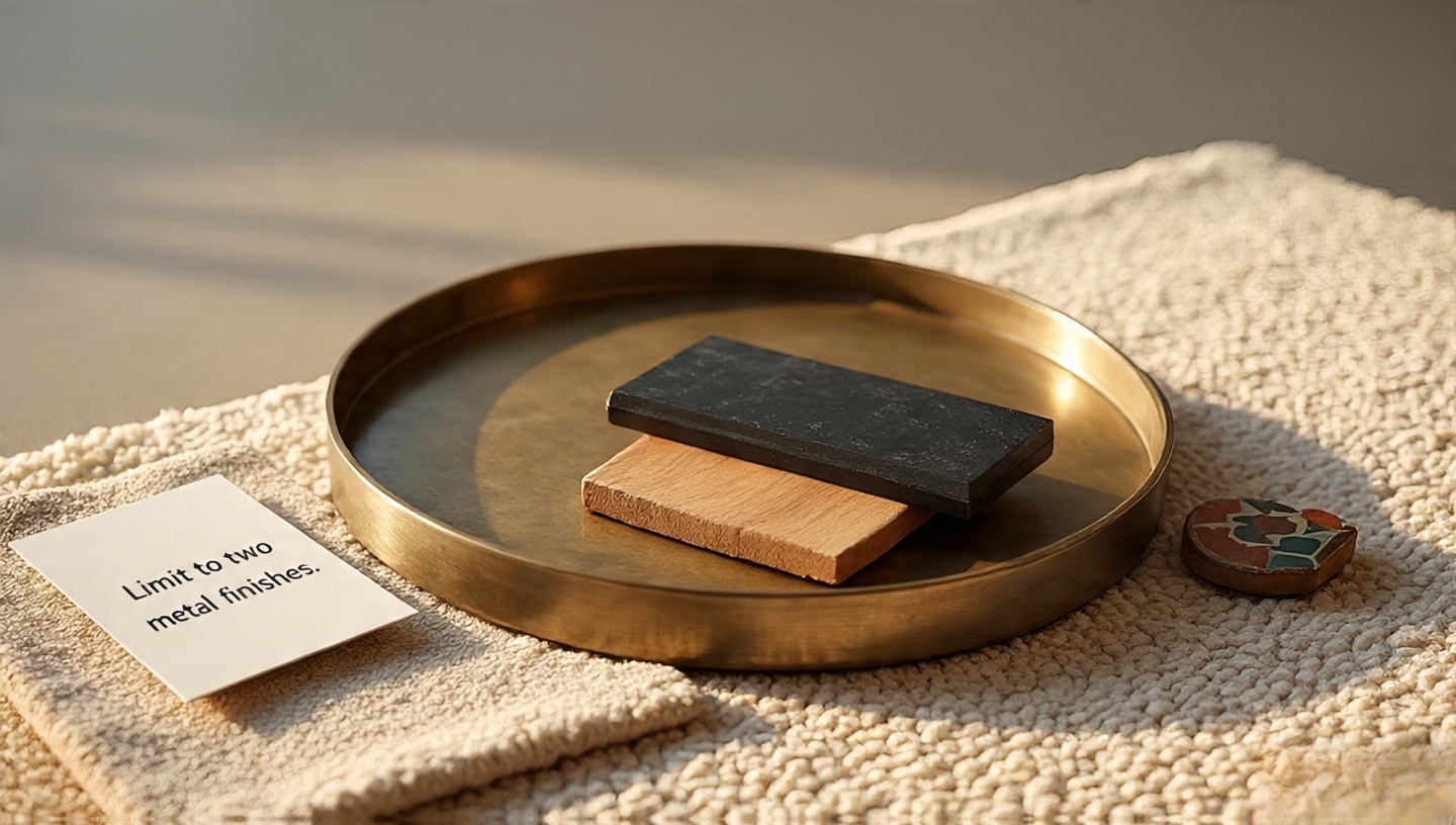 Material vignette mixing brass, blackened steel and pale oak with Berber rug fold and Moroccan tile sample