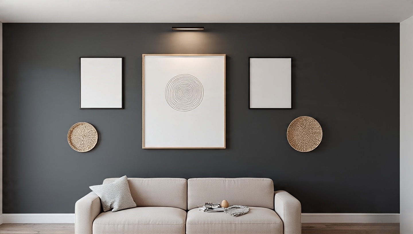 Modern-leaning boho gallery wall with slim black and ash frames, wider white mats and thin picture light above anchor
