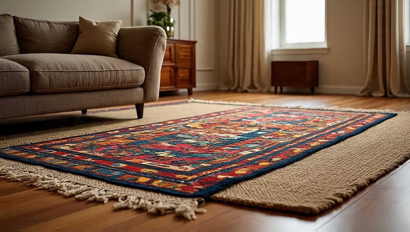 Layered rug setup with a jute base and colorful kilim topper defining the living zone