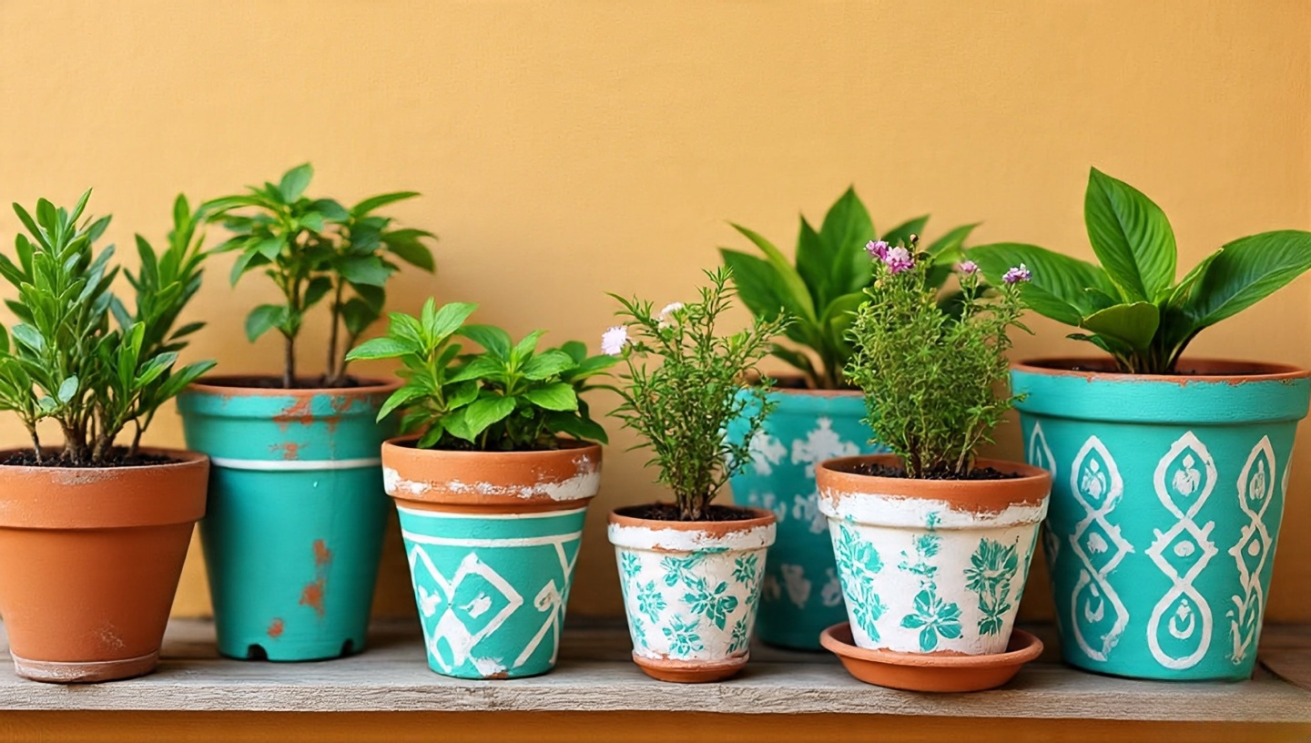 Terracotta pots painted in turquoise and white patterns, mismatched designs holding small plants on balcony ledge