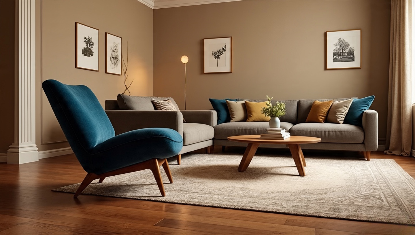 Living room vignette with accent chair and layered rug placed on a gentle diagonal to soften the boxy room
