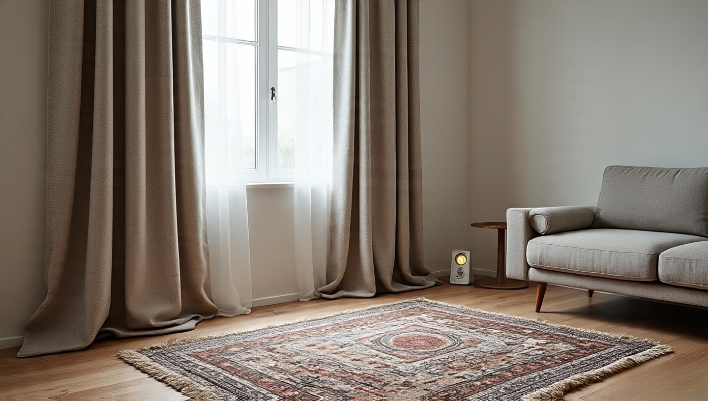 Open-plan corner with Berber rug, Turkish runner, heavy linen drapes and tabletop decibel meter showing reduced echo