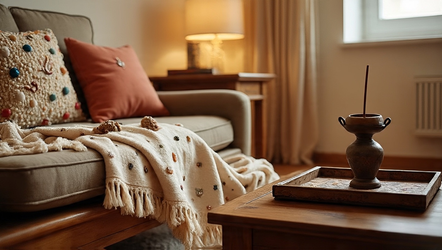 Balanced Boho styling with one whimsical beaded cushion and incense holder paired with a sturdy tray and cotton throw