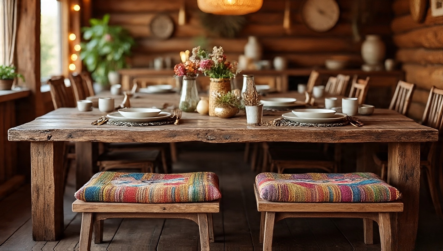 Boho dining space featuring a communal wooden bench