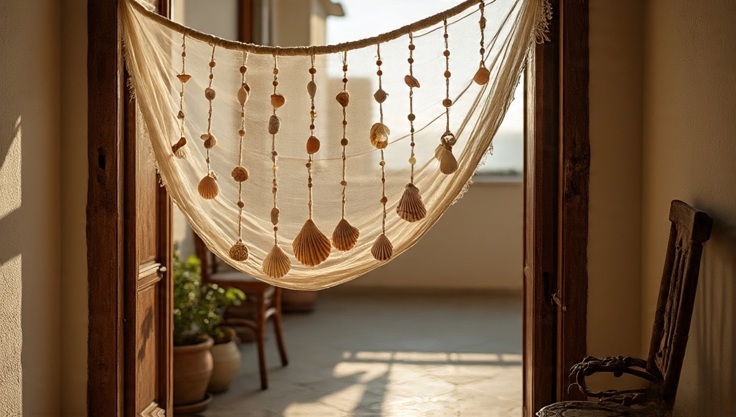 Seashell curtain strung across doorway with beads catching warm light and casting delicate shadows