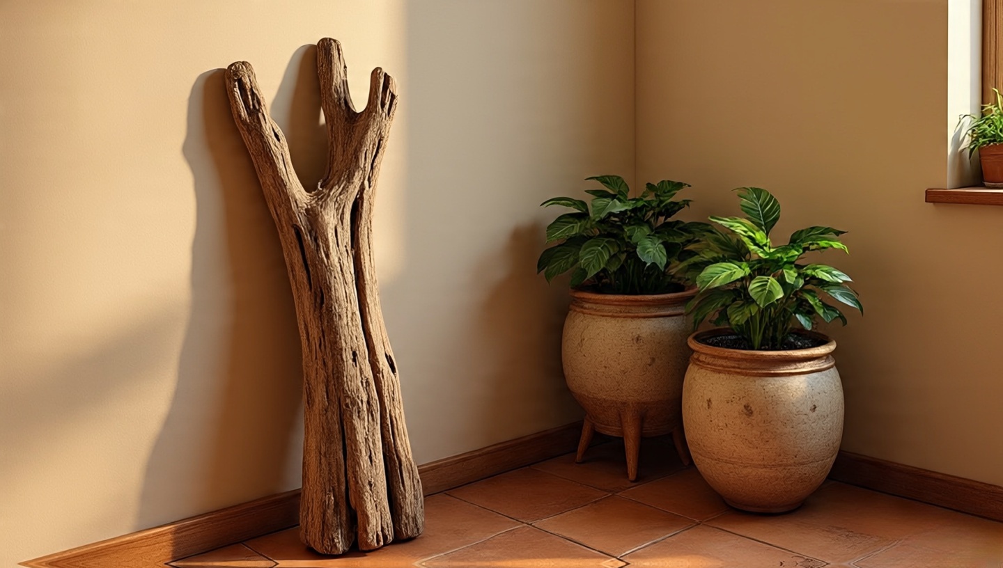 Natural driftwood leaning against bathroom wall with terracotta floor
