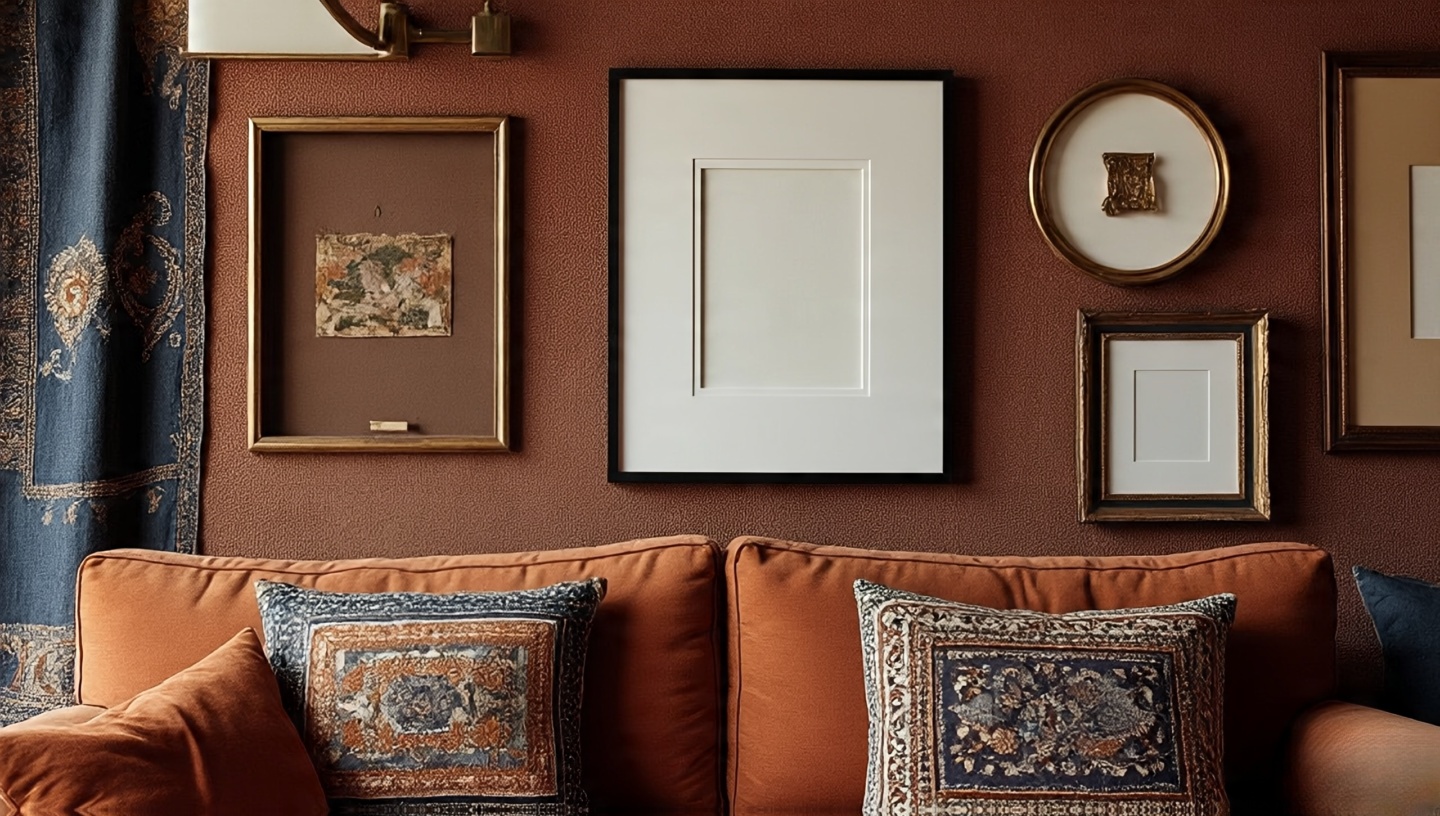 Maximal cozy salon-hang gallery wall with mixed sizes, round frame, deep shadow box and a tiny oversized-matted piece