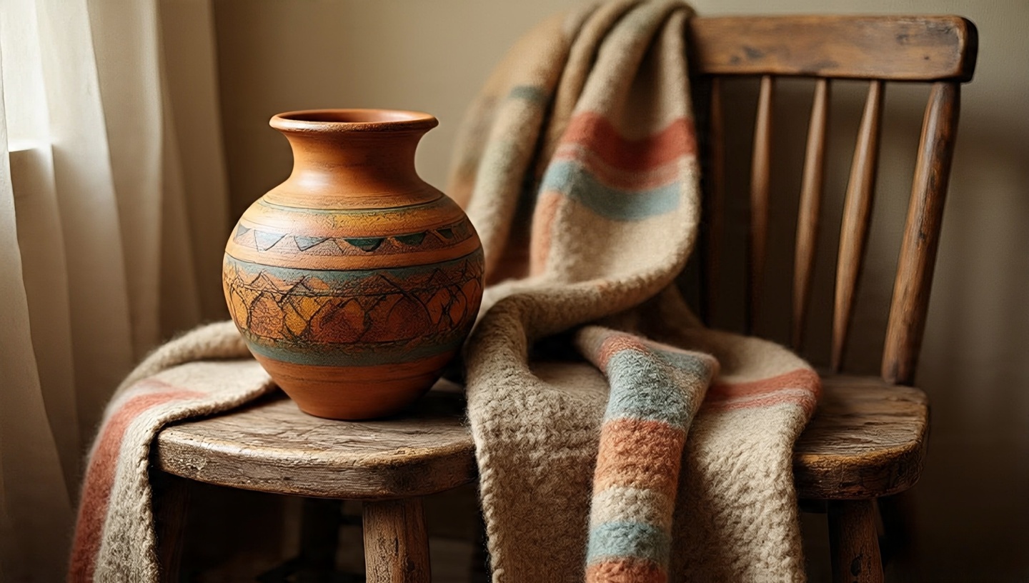 Texture-forward vignette: clay vase on rustic stool beside wool blanket on a wooden chair