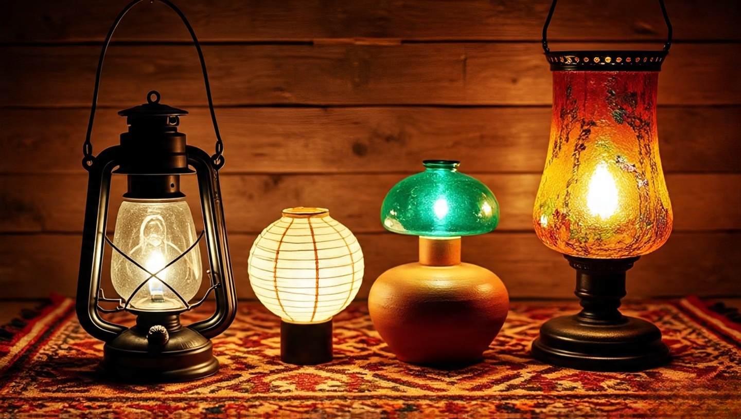 Curated tabletop of Moroccan, Japanese, Mexican and Venetian lamps glowing together in Boho harmony