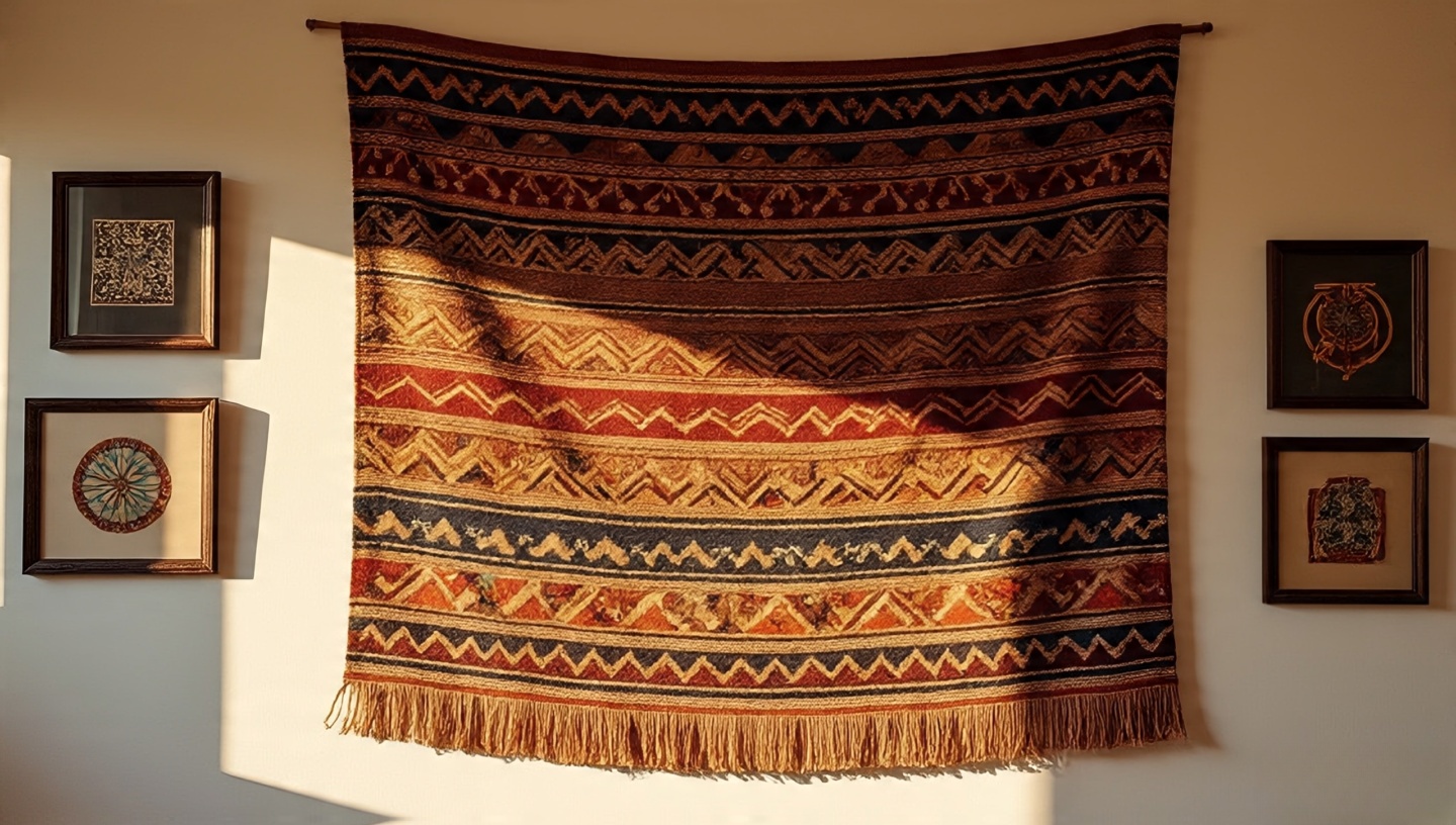 Large tribal weave tapestry hung at eye level with layered framed art around it catching light and shadow