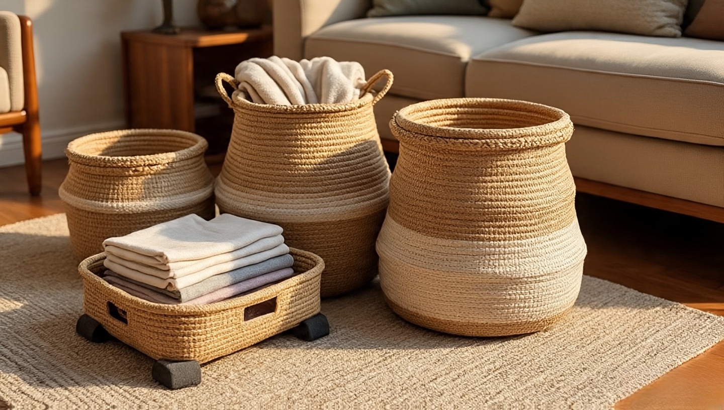 Grouping of woven baskets in seagrass, kubu rattan, and sisal used for blankets and magazines on a flat-weave rug