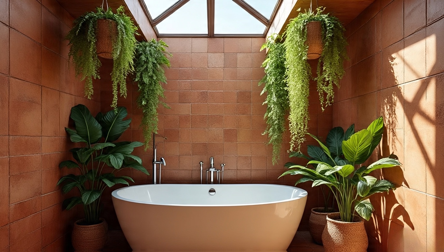Freestanding tub under skylight surrounded by hanging plants