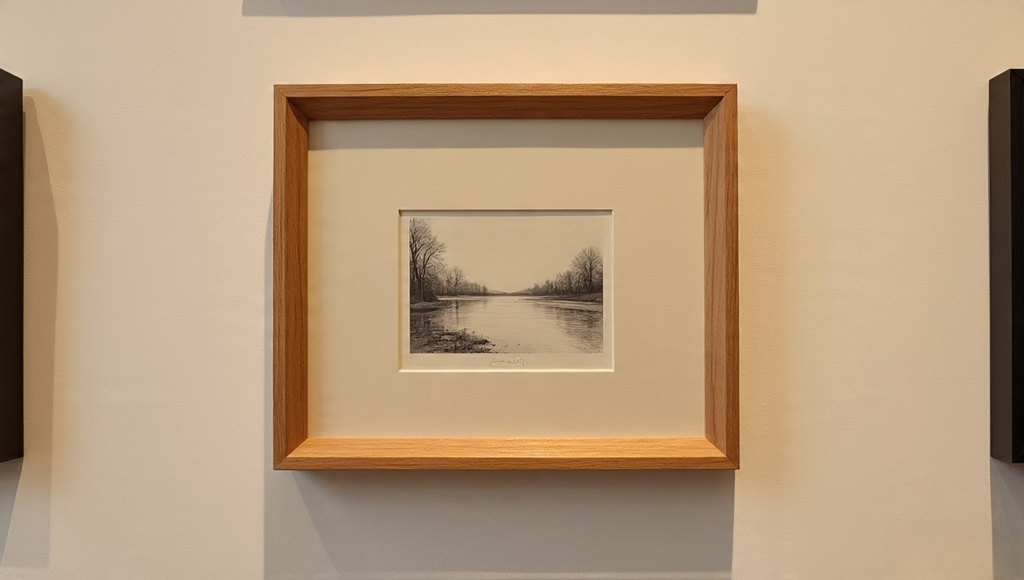 Small pencil portrait on café paper with a faint coffee ring floated with wide mat in warm oak frame on boho gallery wall