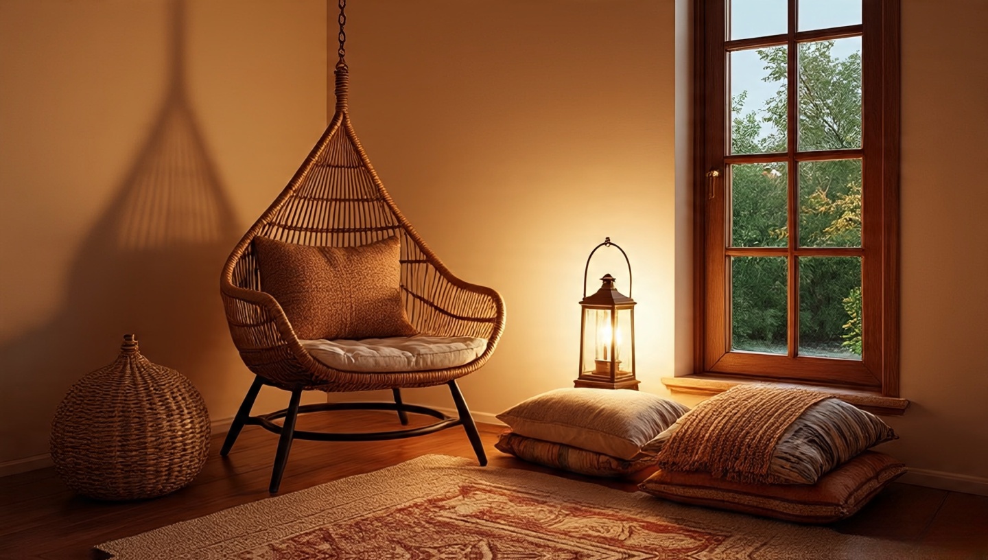 Cozy Bohemian corner with hanging rattan chair, lantern, and layered floor cushions