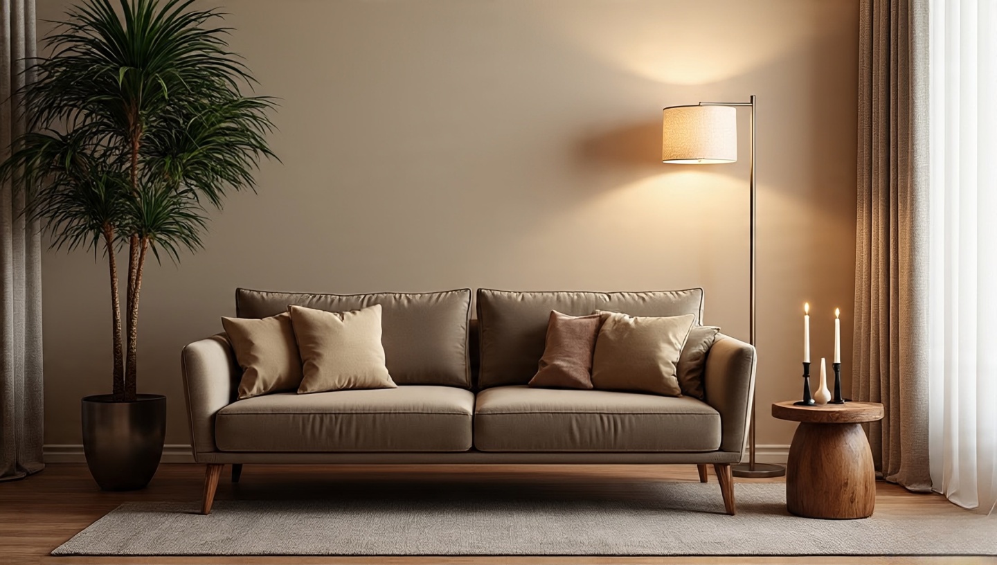 Layered heights around the sofa with a tall palm, low wooden stool with candles and a mid height floor lamp