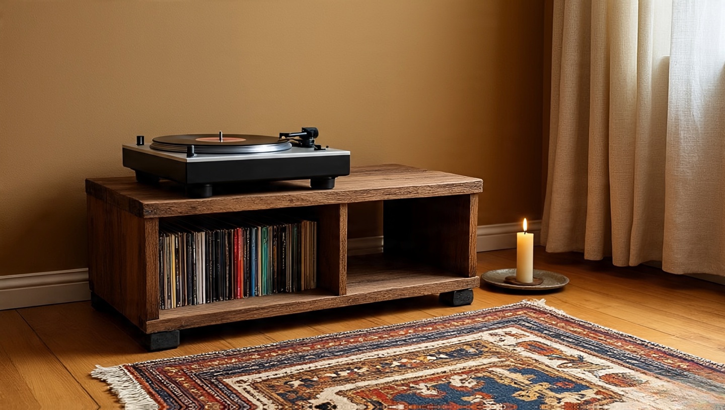 Music corner with turntable on rigid shelf, LP crate, kilim rug below and linen curtain for soft acoustics