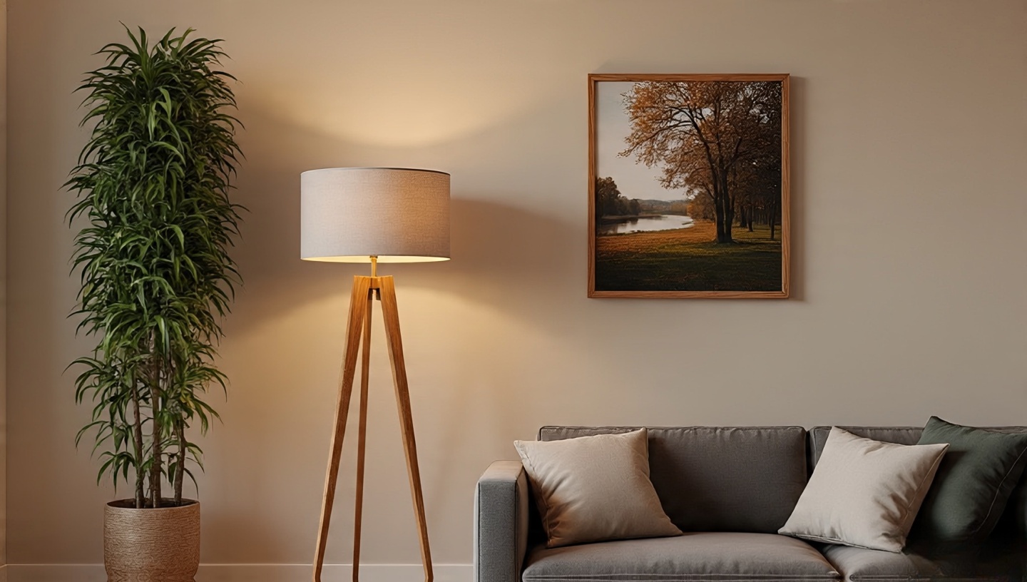 Off-center artwork above sofa balanced by a tall plant to form a soft visual triangle