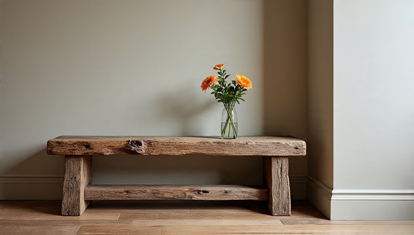 Reclaimed wood hallway bench with rich patina balanced by smooth plaster wall and a modern glass vase