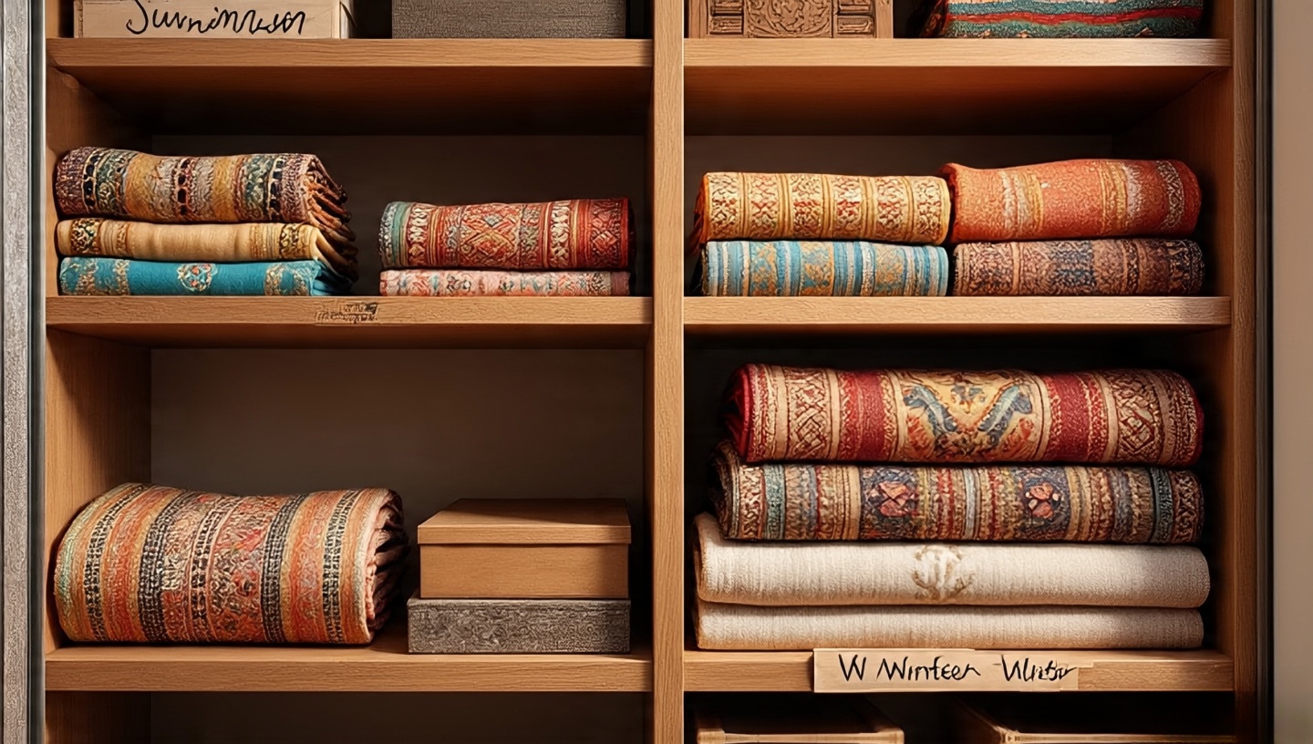 Closet with labeled summer Indian block prints and winter Moroccan and Turkish rugs rolled in breathable cotton covers