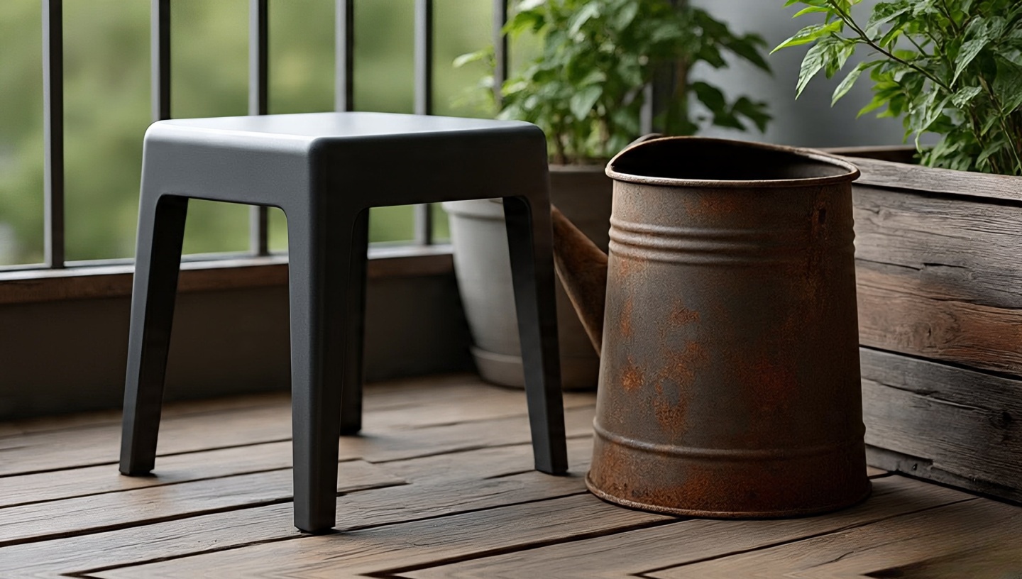 Vignette pairing a new minimalist stool with a rusted watering can and reclaimed wooden planter for contrast