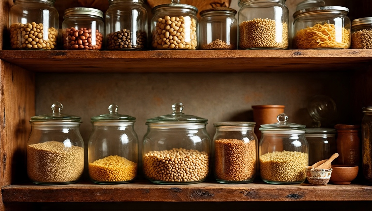 Wooden kitchen shelves lined with clinking glass jars and pantry goods
