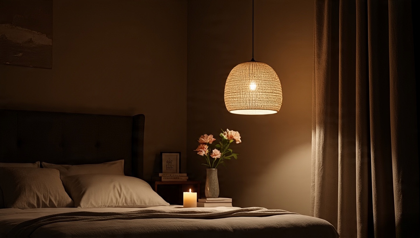 Cozy bedroom with woven pendant and bedside candles creating calming, wellness-focused Boho lighting