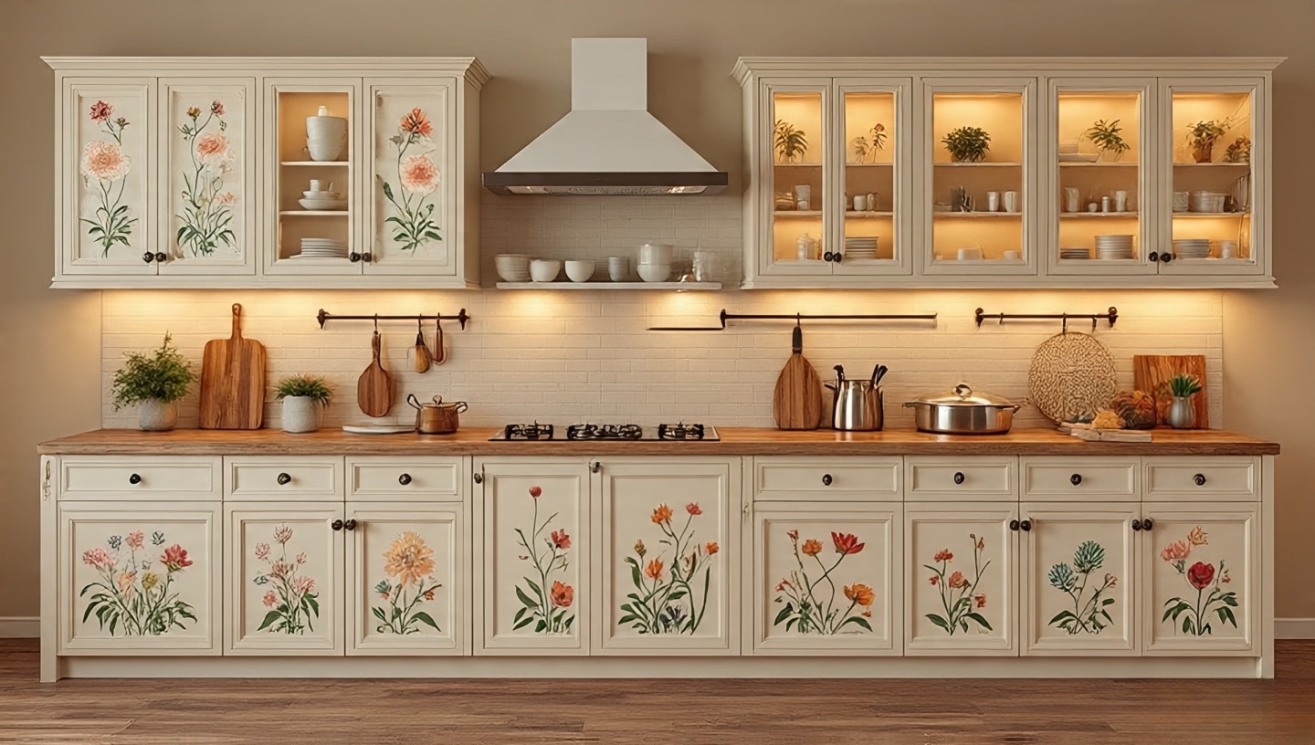 Kitchen cabinets hand-painted with floral motifs for boho artistry