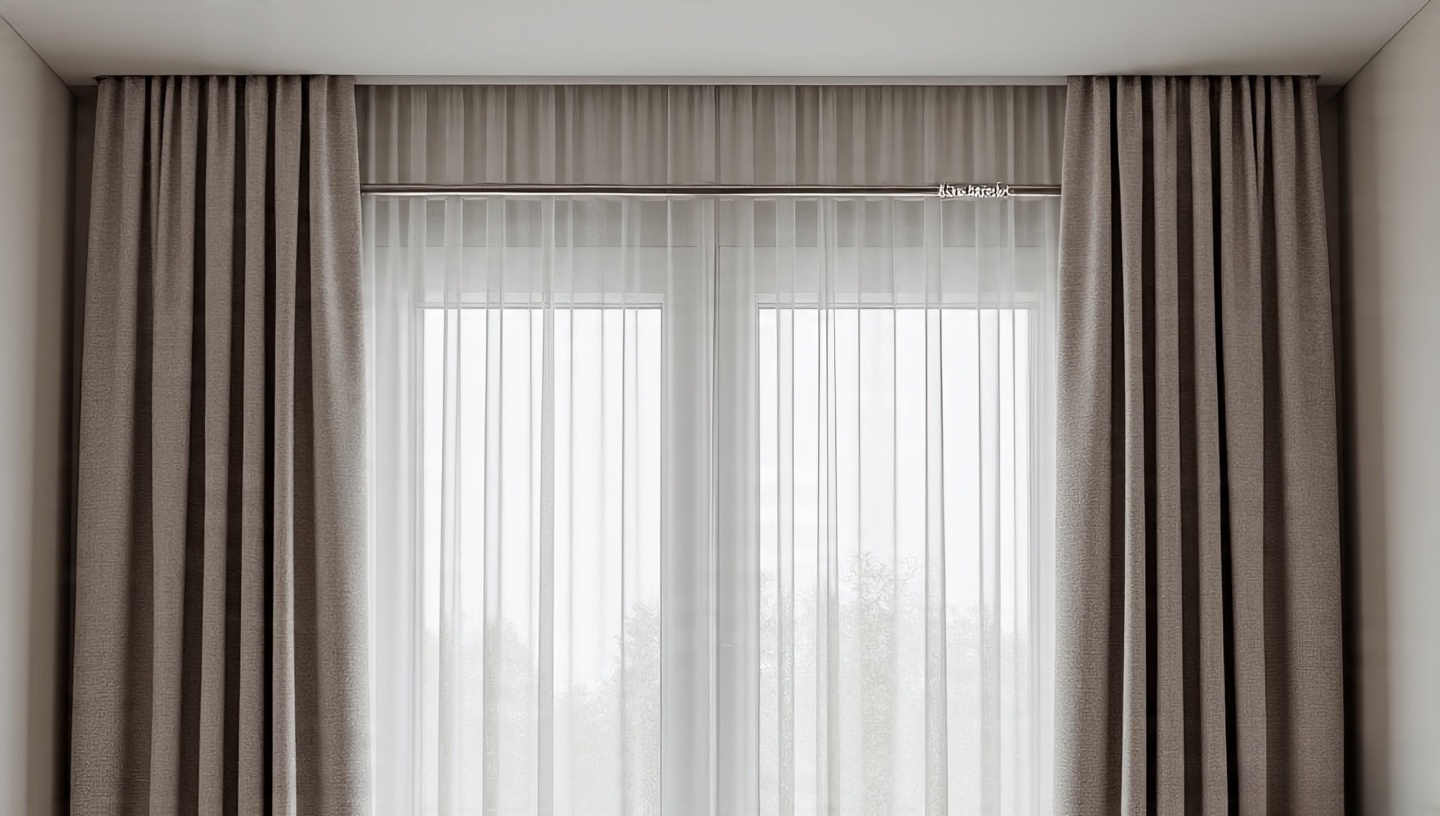 Layered window treatments with high-mounted rod, sheer panels that kiss the floor, and heavier linen curtains that gently break