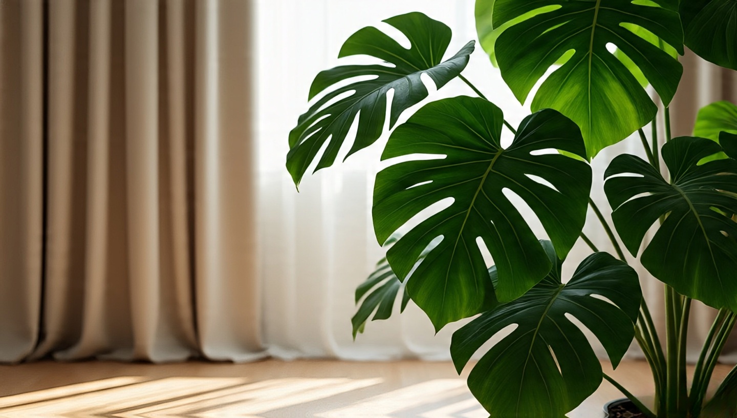 Bright corner intentionally left open with a single plant and natural light for breathing space