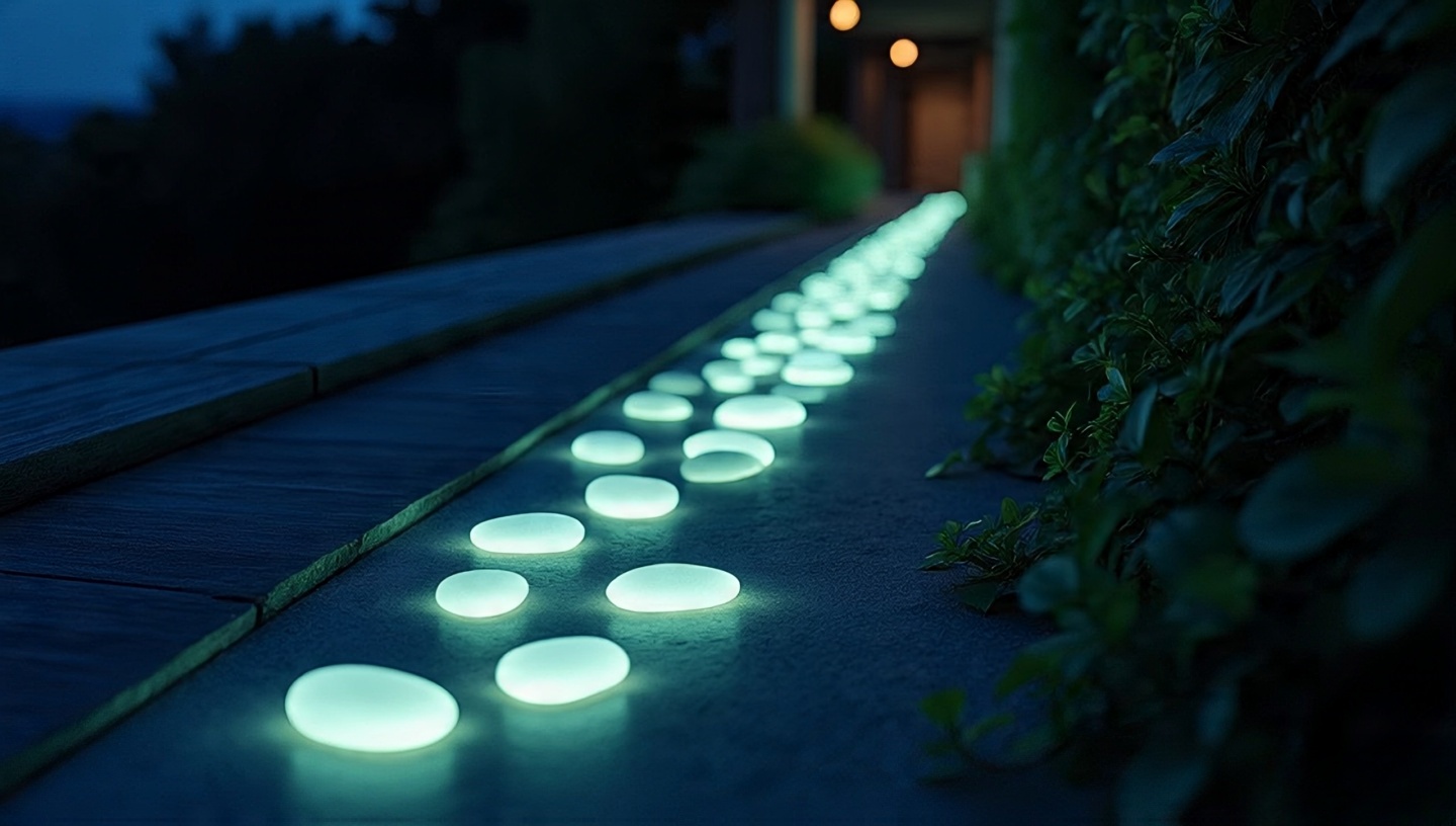 Balcony edge lined with smooth glow-painted stones faintly glowing at night to form a subtle runway