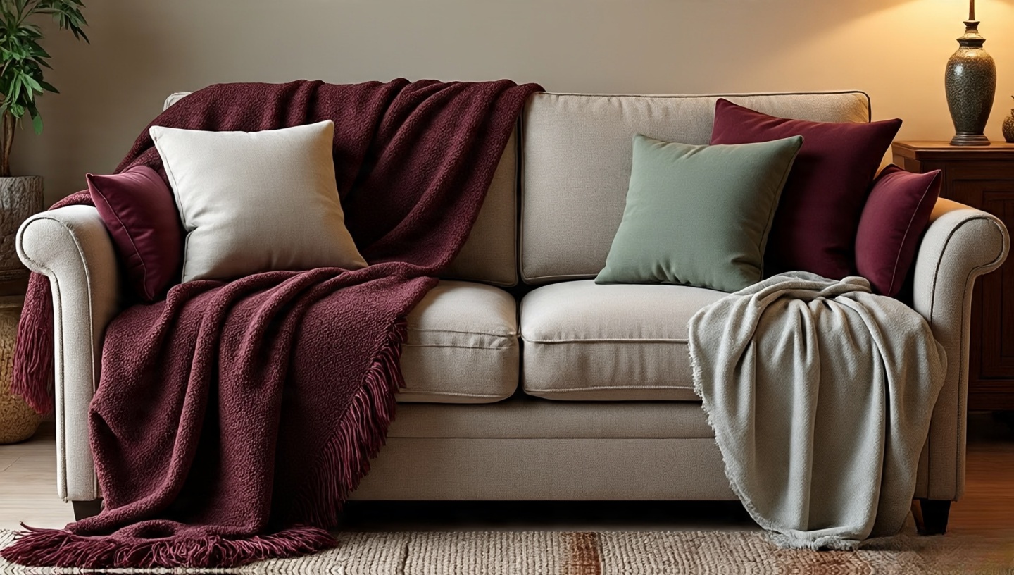 Two seasonal versions of a Boho sofa: winter wool and burgundy tones, summer linen and sage accents