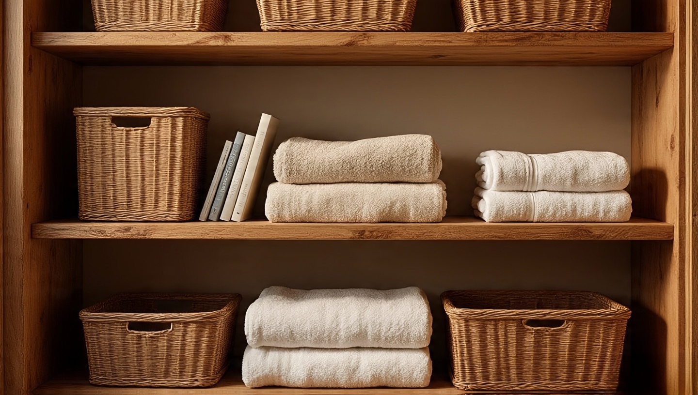 Open shelves with wicker baskets and design magazines