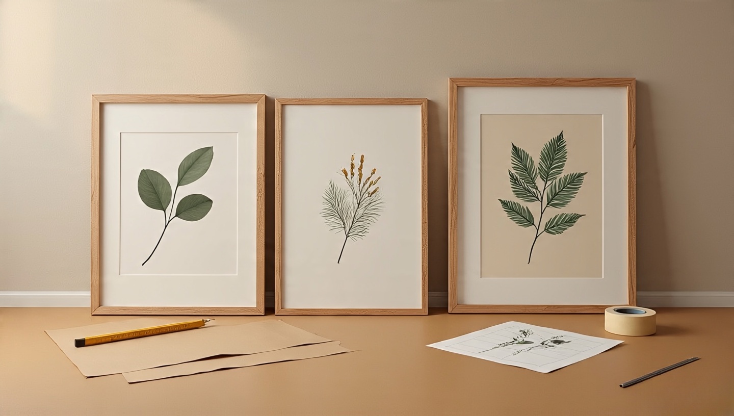 Floor layout of five-piece boho gallery wall ready to hang with kraft-paper templates, measuring tools and a calm neutral wall