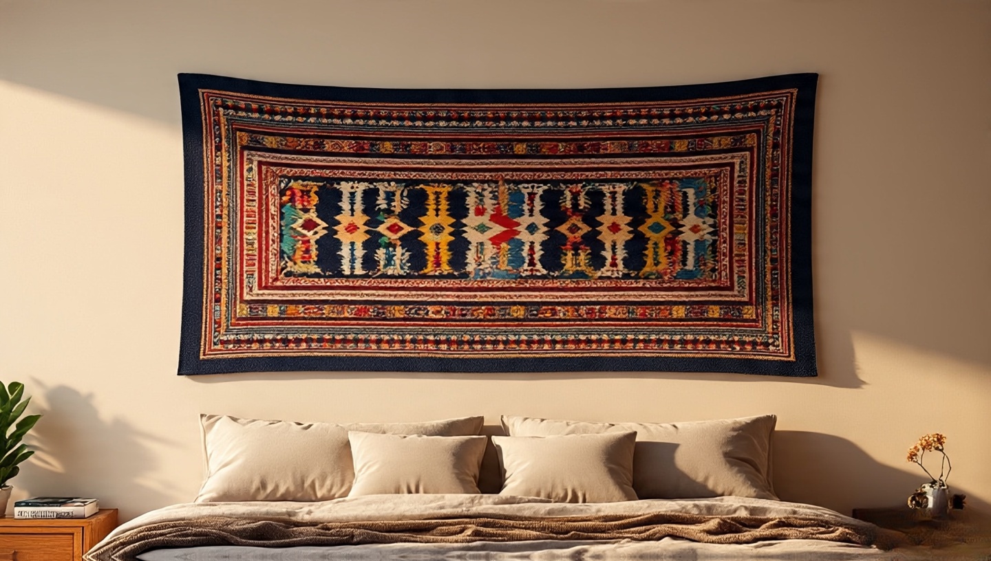 Handwoven Navajo tapestry hanging above a Bohemian bed to soften acoustics and add warmth