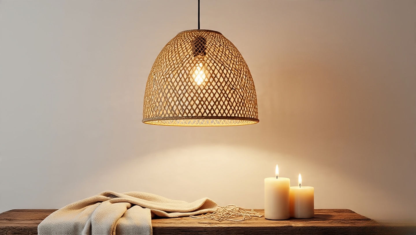 Minimal Boho setup with single woven pendant over rustic table and two candles showing less-is-more warmth