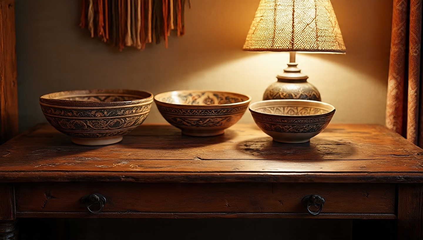 Rustic wooden desk with scratches and patina, styled with ceramics and a woven lamp