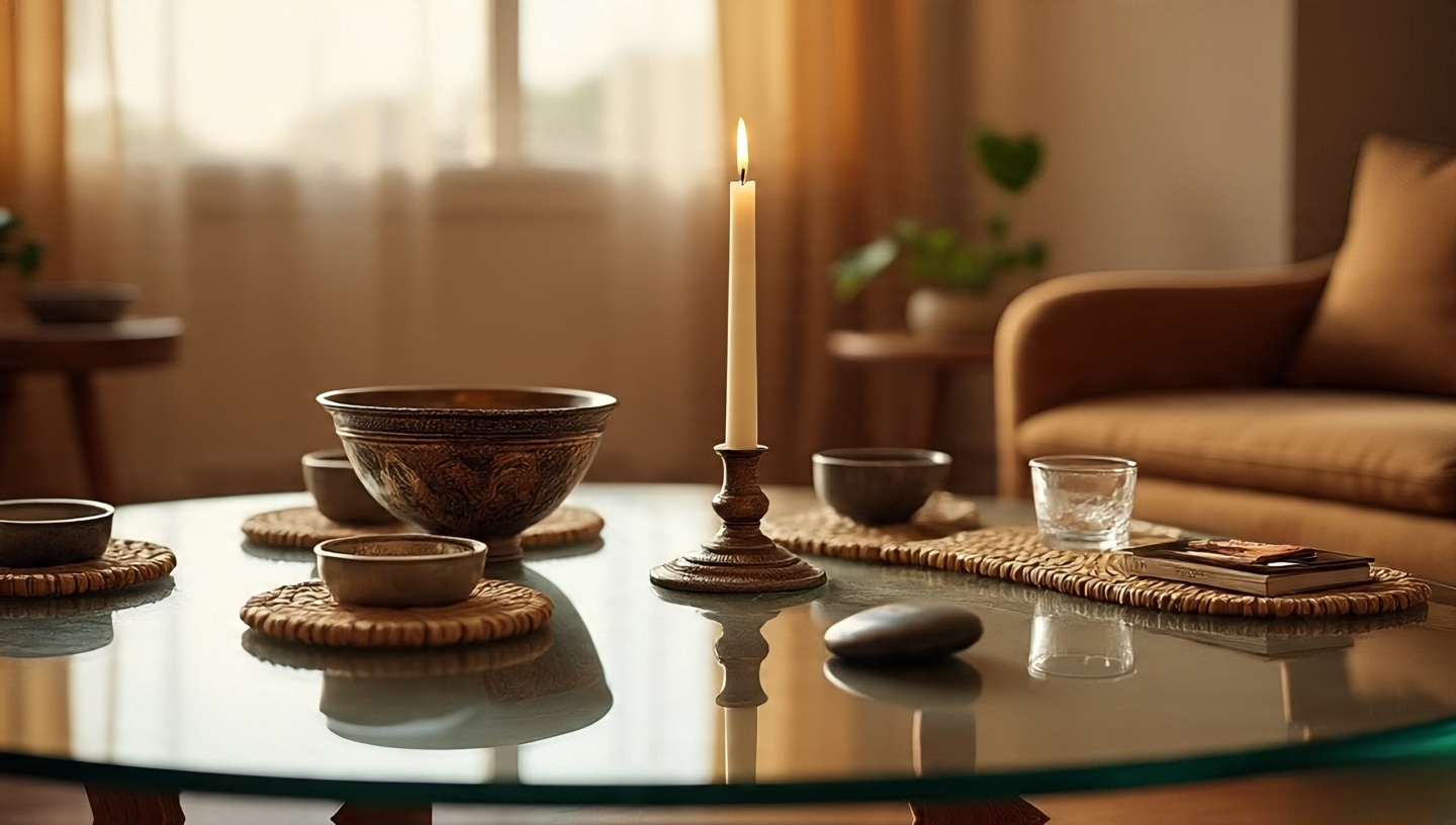 Coffee table vignette arranged as a tall–medium–small triangle with deliberate negative space