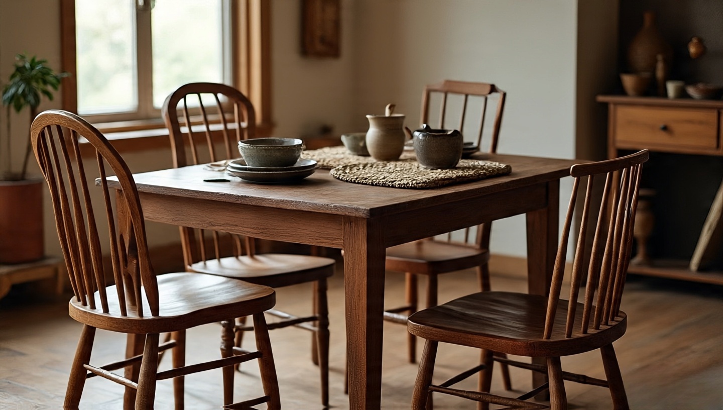 Dining table surrounded by four mismatched but equal-height wooden chairs in a cohesive finish