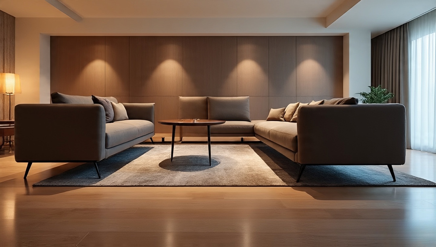 Overhead view showing generous pathways of 90 cm and 60 cm between furniture in a Boho layout