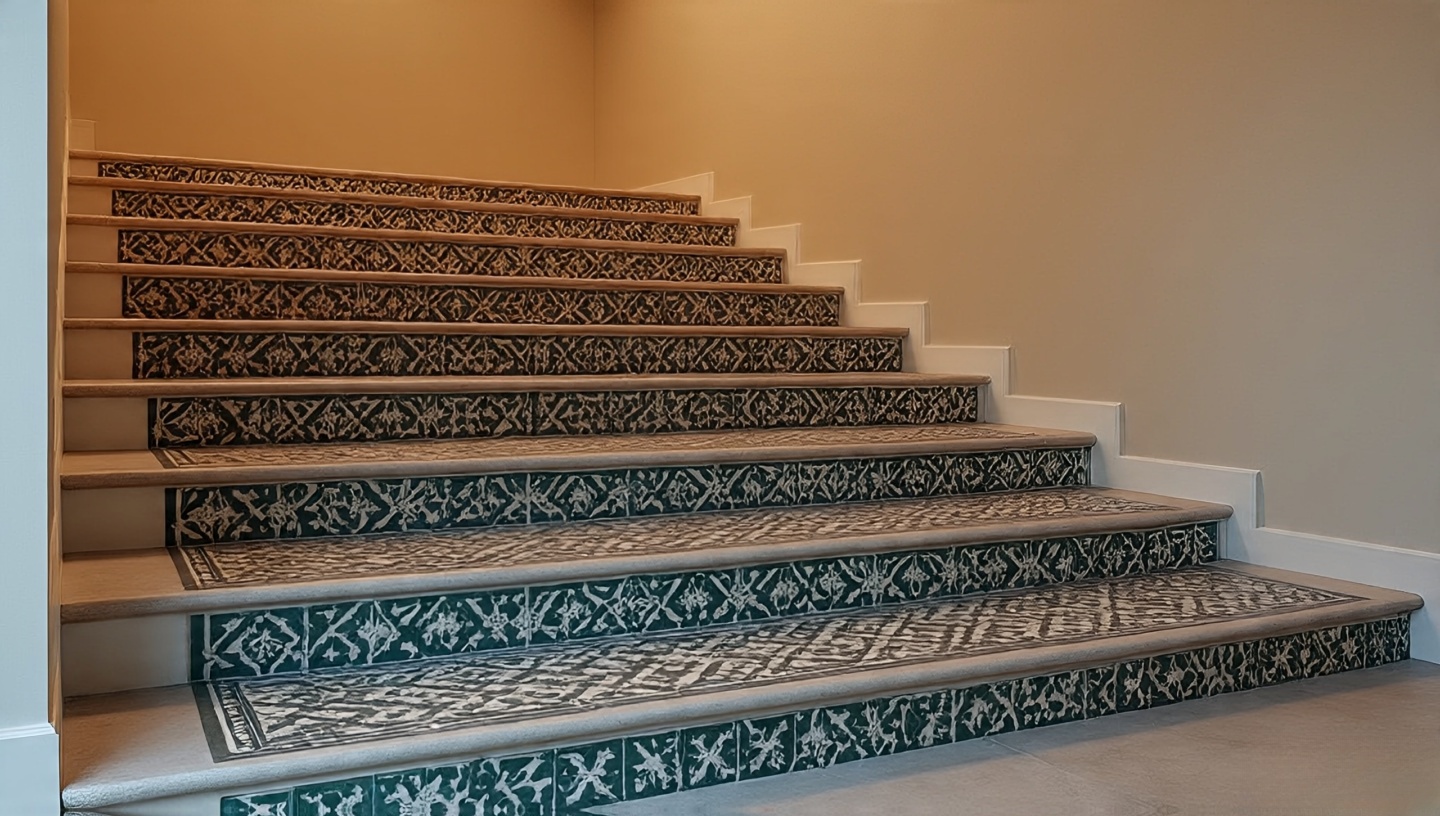 Staircase with Moroccan patterned tile risers, matte sealant finish and anti-slip nosing on each tread