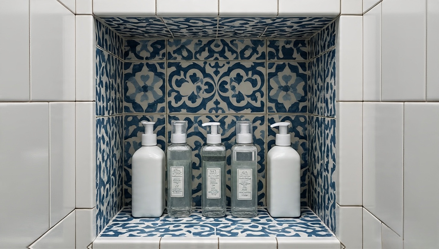 Built-in tiled shower niche with patterned interior