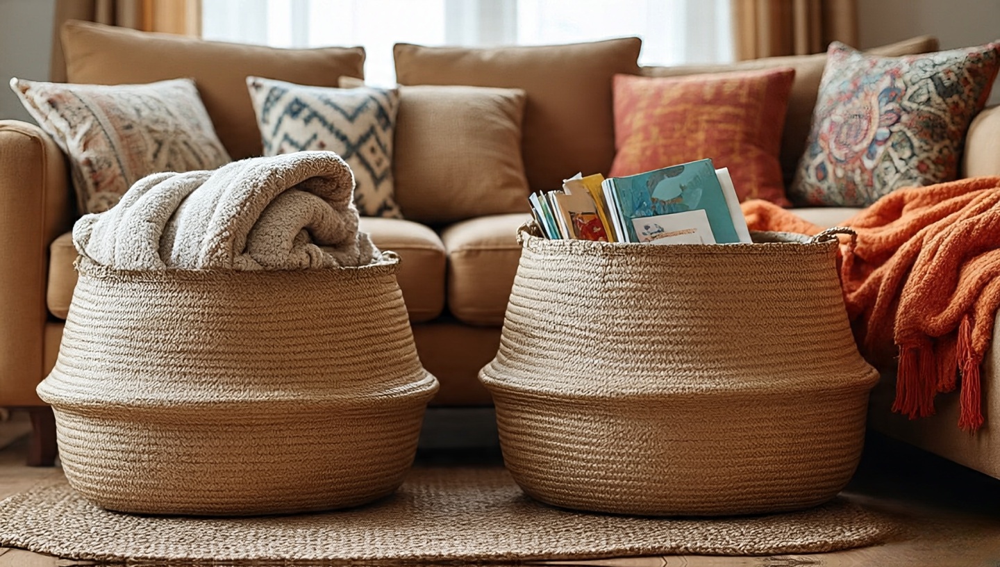 Woven baskets beside a Boho sofa storing spare throws, magazines and adding natural texture