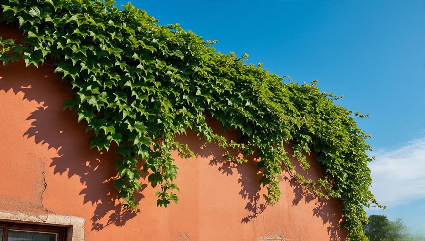 Terracotta-painted balcony wall with climbing ivy and subtle patina for a Mediterranean vignette