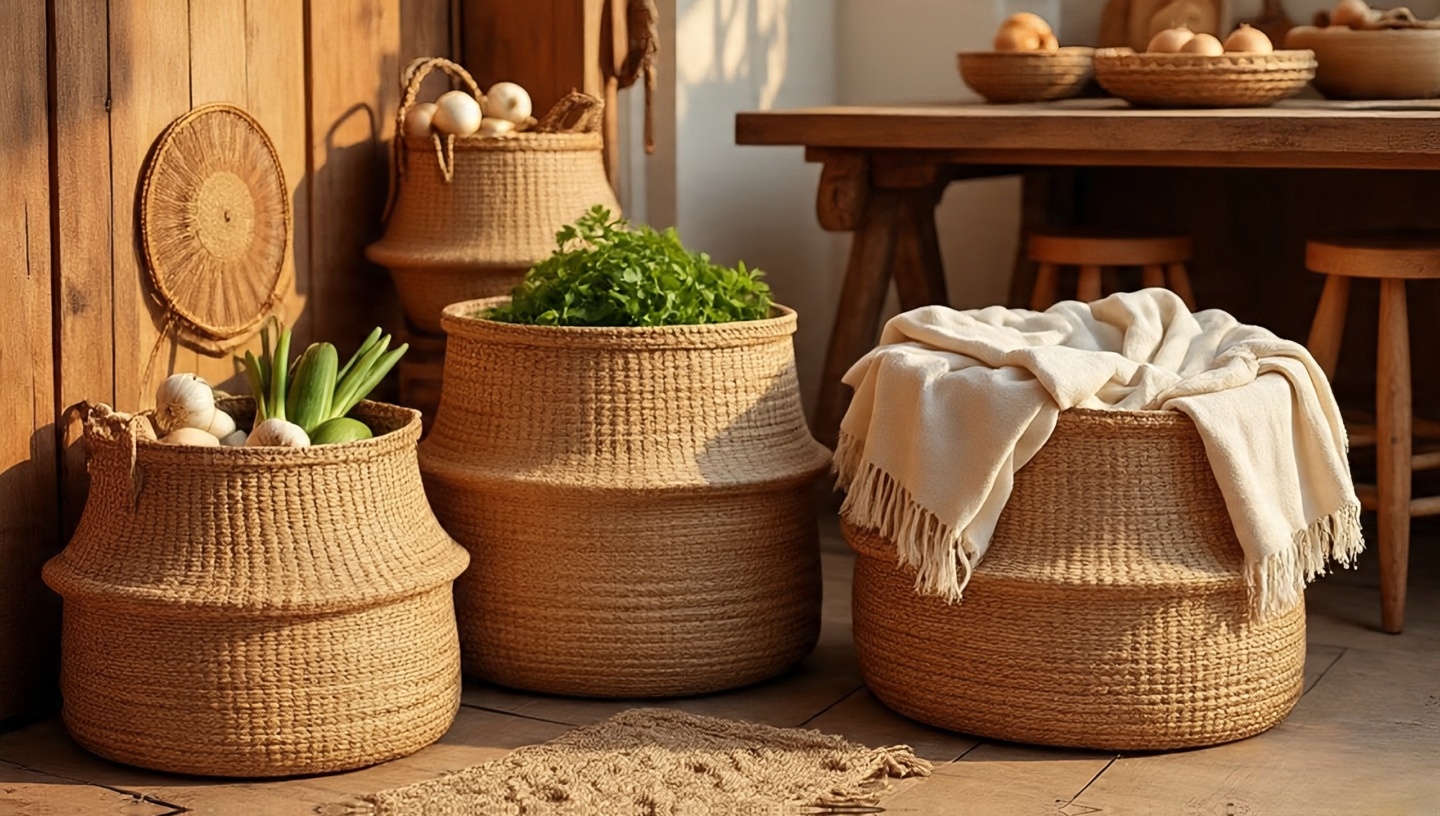 Boho kitchen corner organized with woven storage baskets