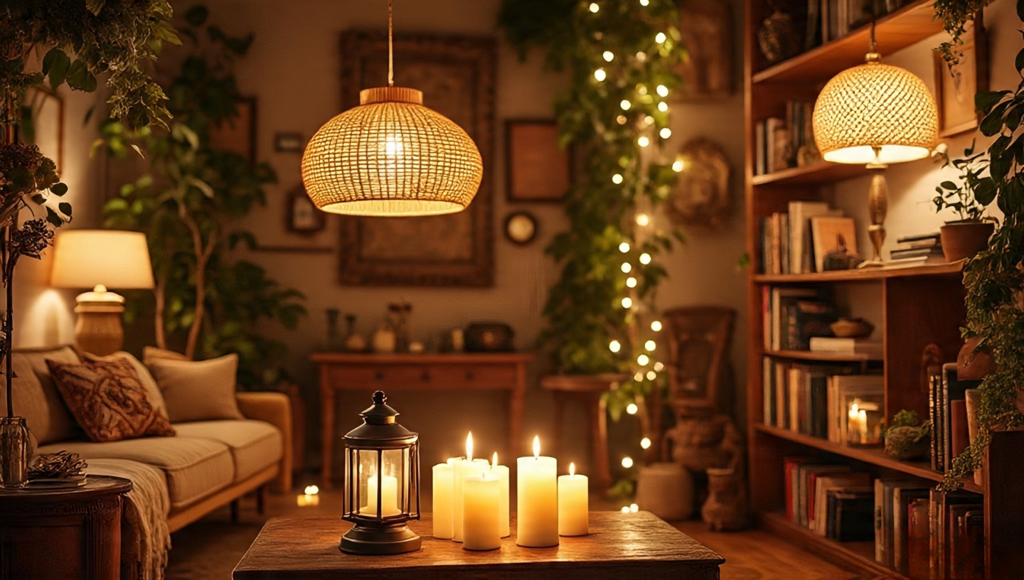 Wide shot of Boho living room with layered lighting—rattan pendant, lantern, candles, fairy lights—creating depth and soul
