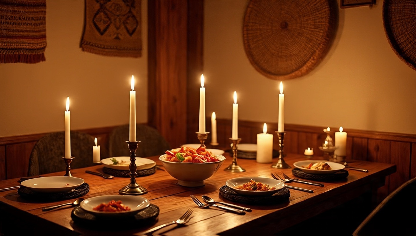 Cozy wooden dining table set for candlelit weekday dinners