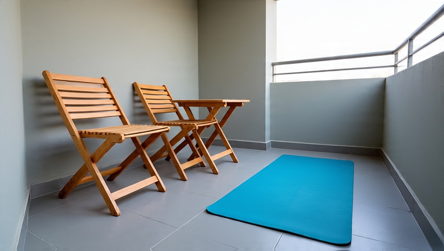 Compact balcony with foldable wooden chairs and table stacked neatly, leaving space for a yoga mat