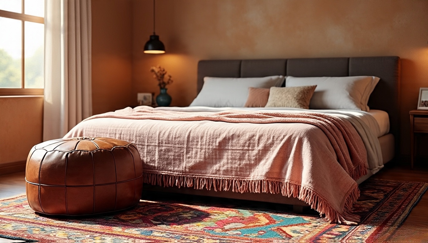 Global Bohemian accents: Moroccan leather pouf, Turkish kilim rug, Indian kantha quilt