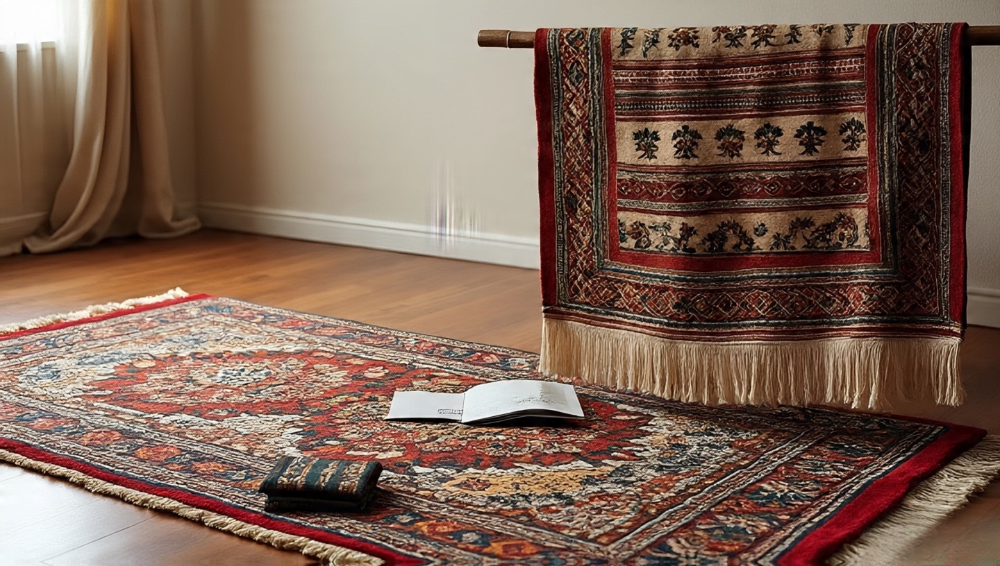 Ethically sourced global textiles: Berber rug on floor and a suzani or mud cloth hung properly with sleeve
